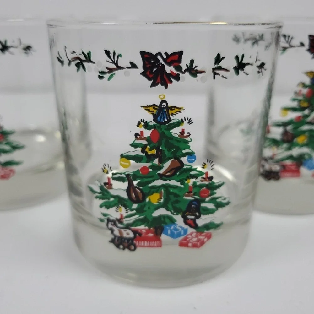 Vintage Libbey Christmas Tree Cocktail Lowball Tumblers Glasses Set Of Four